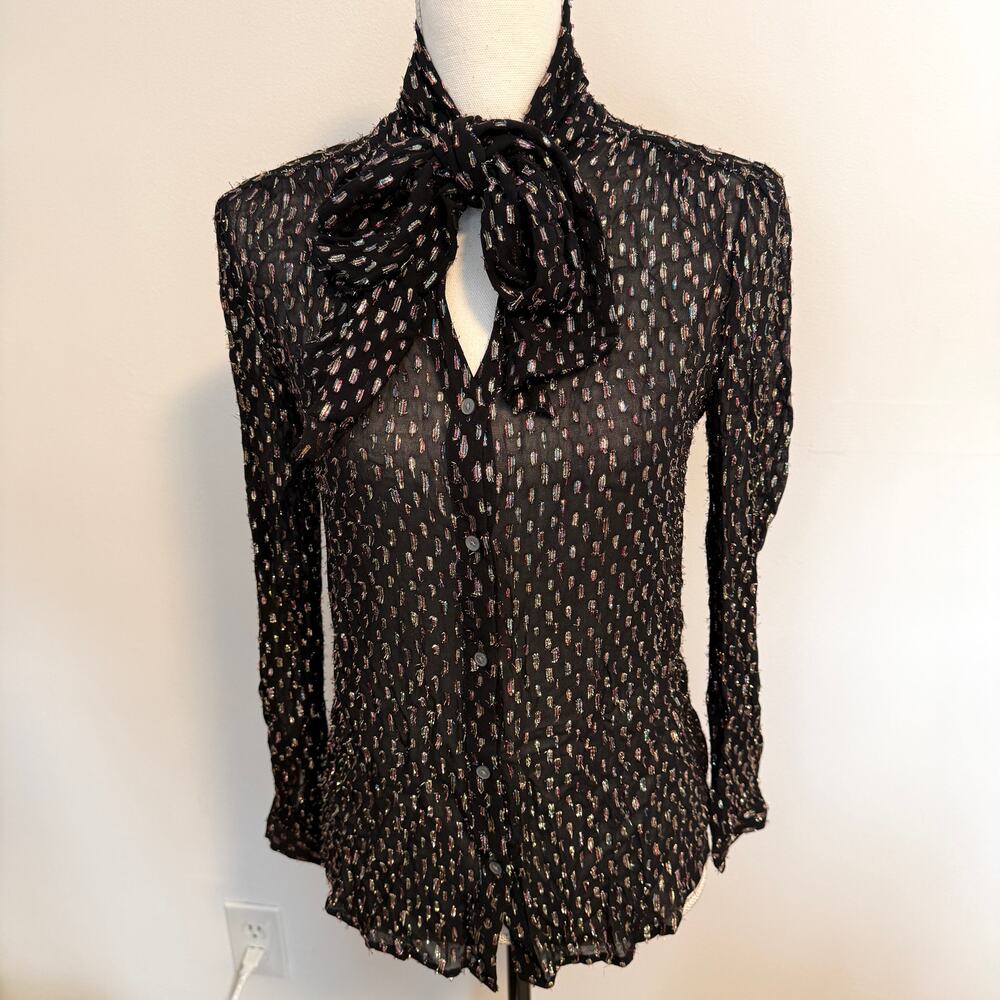 J. Crew Tie Neck Sheer Rainbow Lurex Dot Blouse Top In Black Size XS - Picture 1 of 14